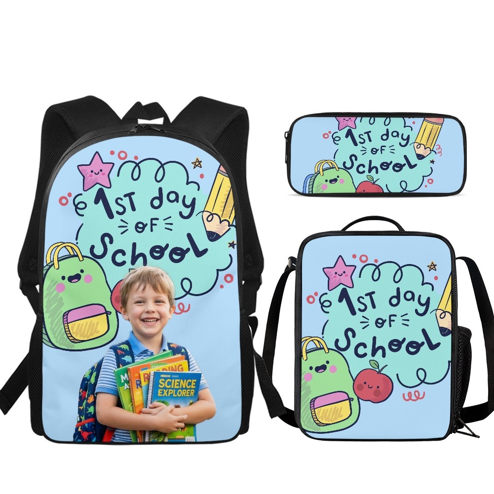 A matching set containing a backpack, lunch bag, and pencil case in a pastel galaxy print, demonstrating a coordinated back-to-school bundle.