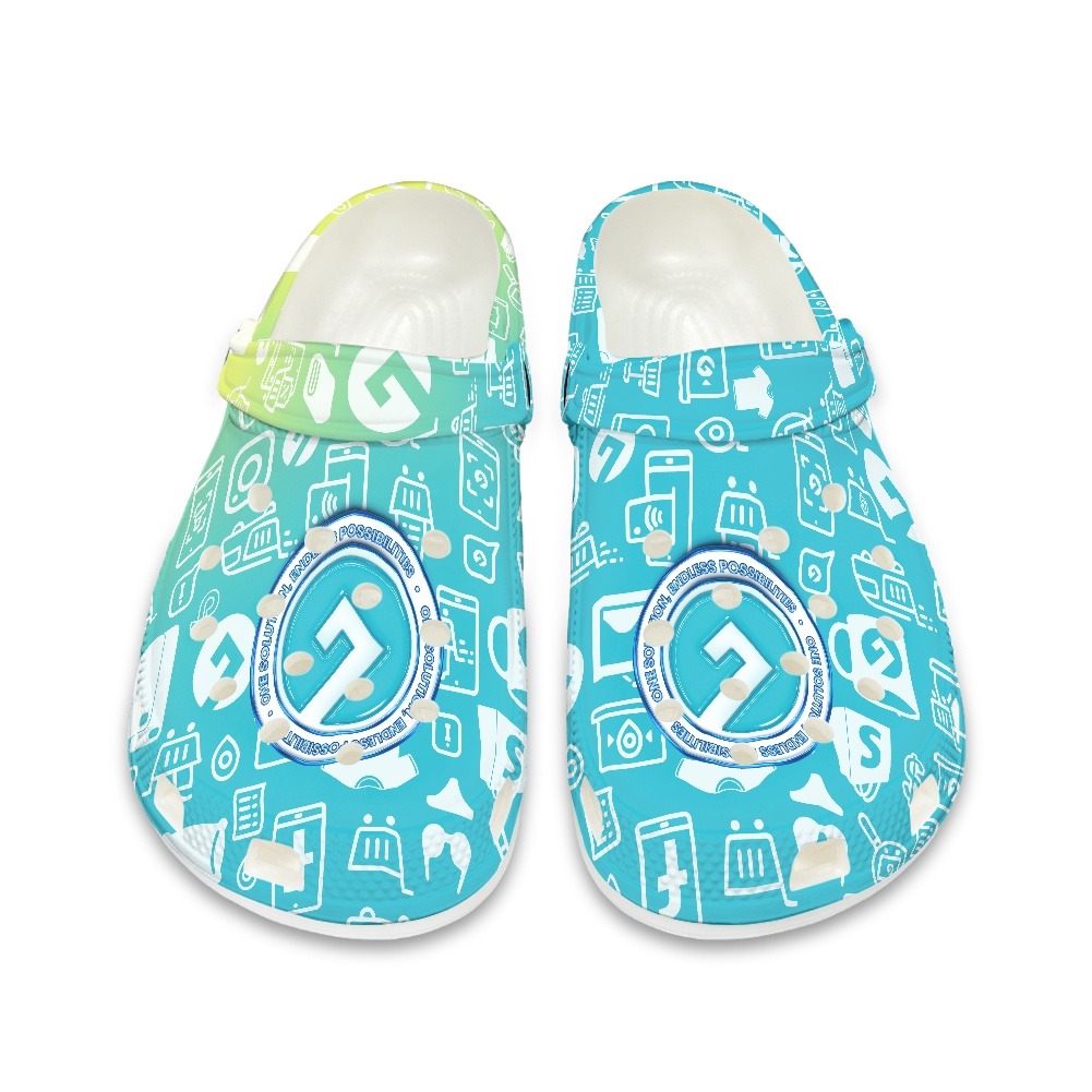 A close-up comparison of mesh running sneakers and kids Crocs, both featuring a matching cartoon animal print, positioned as a footwear bundle add-on.