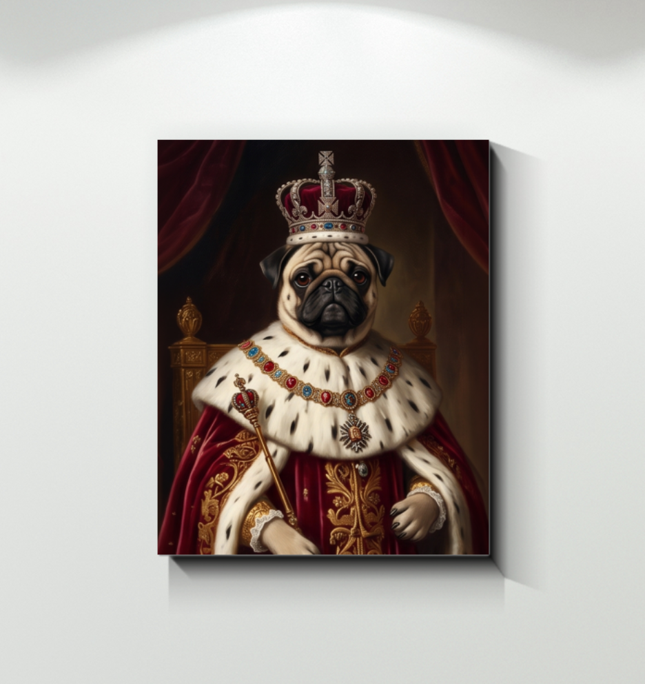 Custom wrapped canvas wall art mockup featuring a stylized regal pet portrait with centered graphic placement guidelines.
