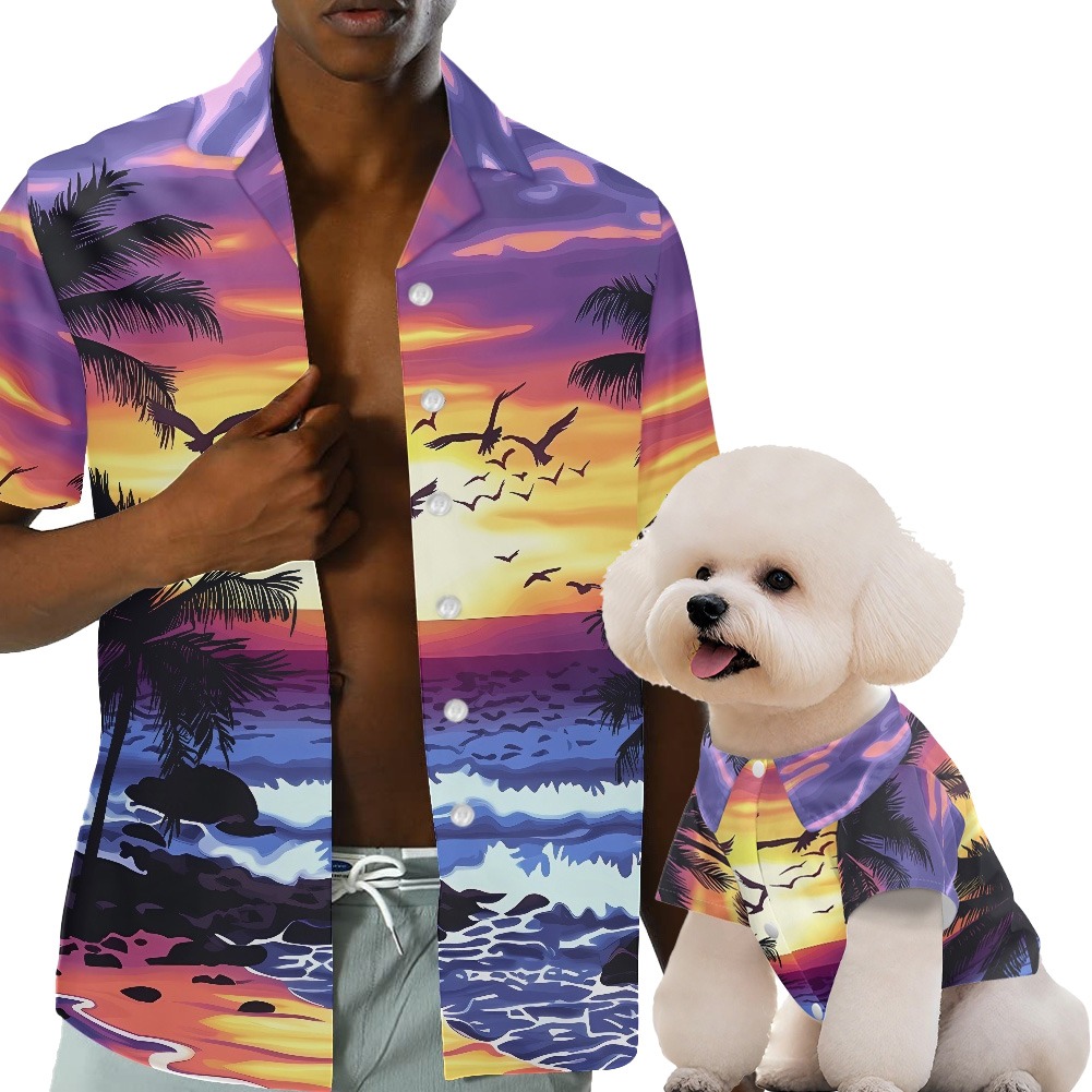 All-over print Hawaiian shirt mockup with a repeating pet silhouette pattern. File Name: pet-parent-all-over-print-hawaiian-shirt.jpg