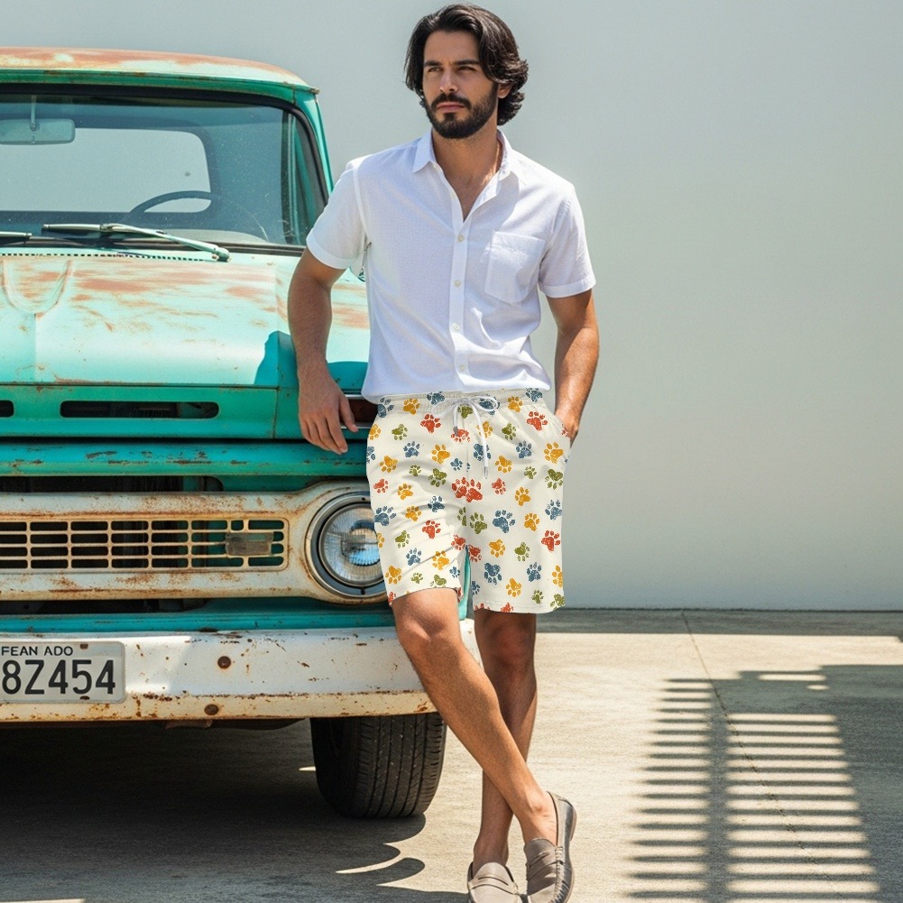 Comparative mockup of print-on-demand beach shorts showing adjusted pattern scaling for coordinated apparel sets
