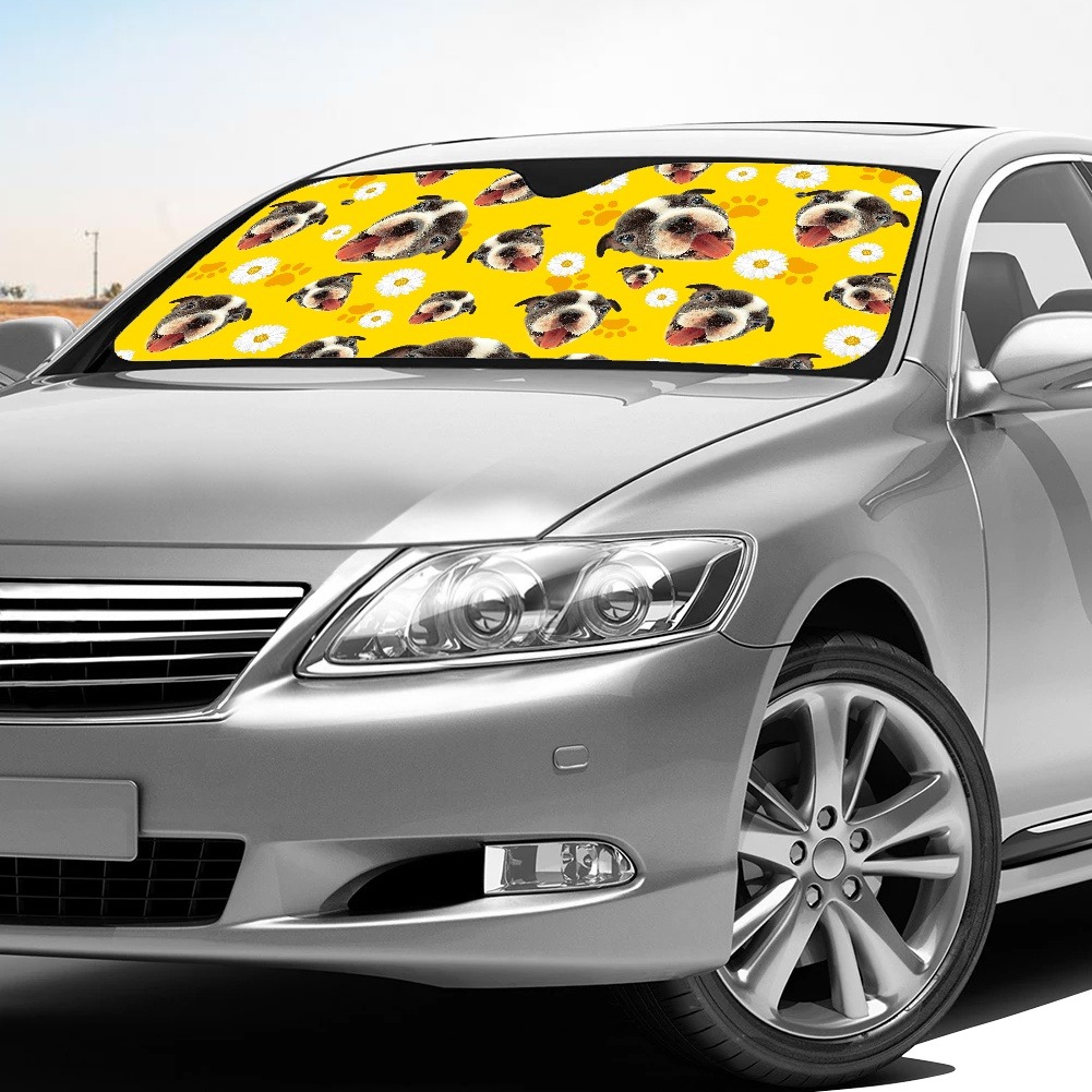 Expanded and folded print-on-demand car windshield sunshade with a centered graphic design