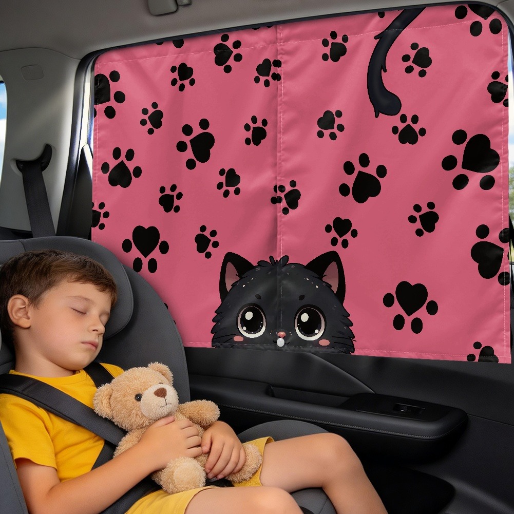 Coordinated print-on-demand car sunshade set featuring matching windshield shade and side window shades.