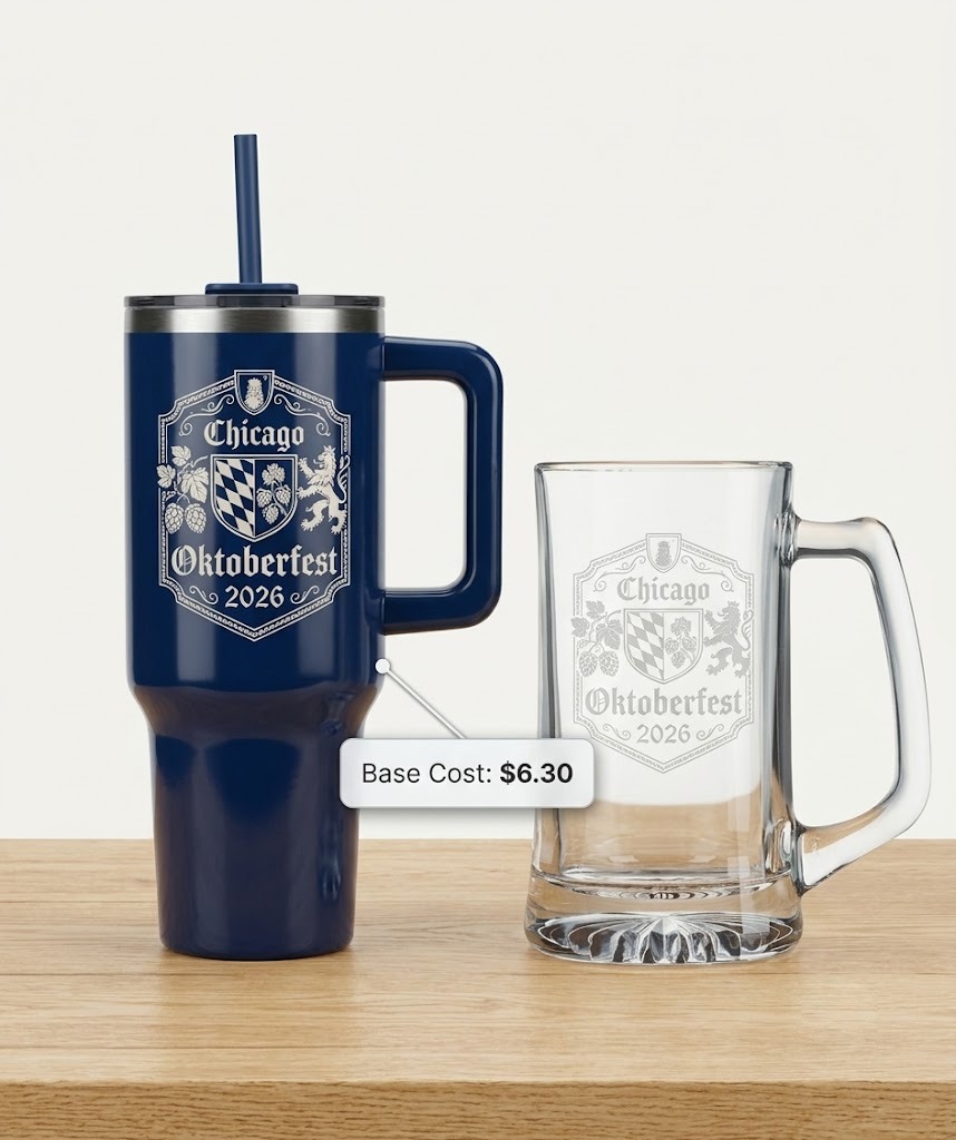 Print-on-demand personalized ceramic stein and frosted mug mockup with $6.30 base cost badge. 