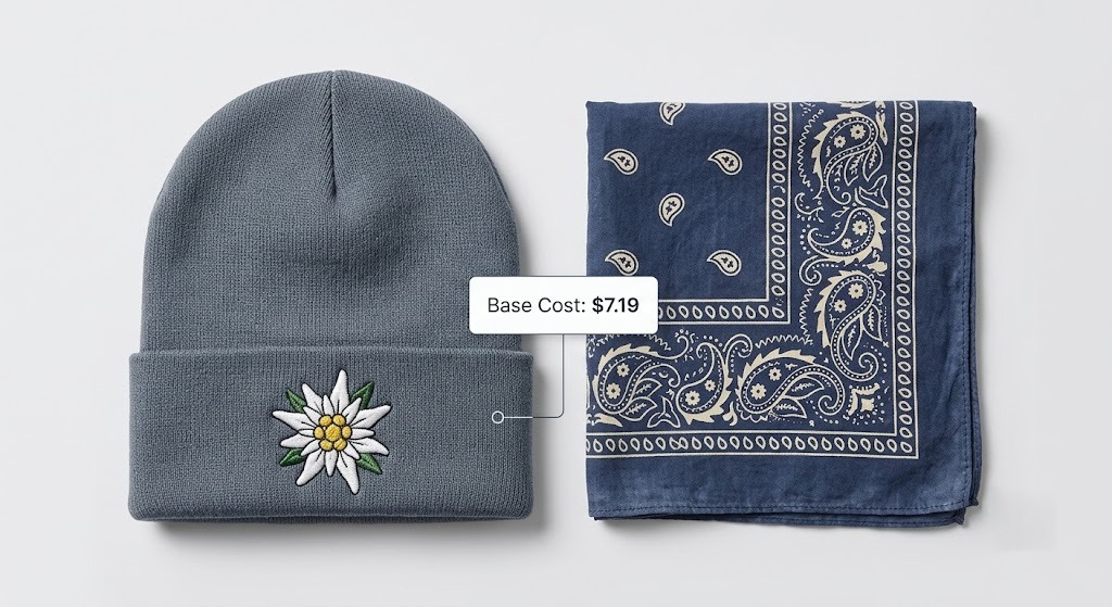 Embroidered Oktoberfest beanie and bandana print-on-demand mockup showing $7.19 base cost tag. 