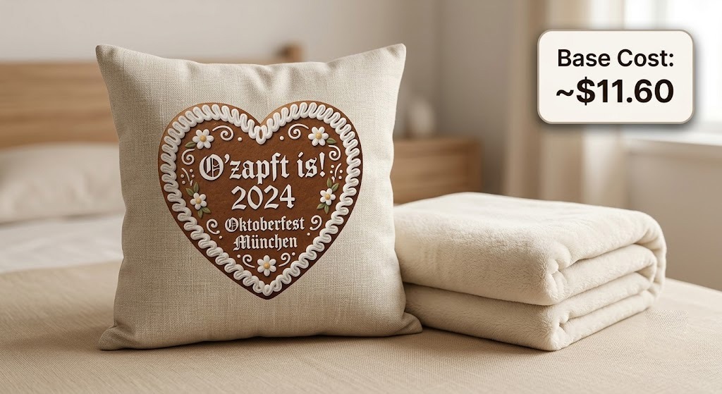 Oktoberfest gingerbread heart throw pillow print-on-demand mockup with base cost callout. 