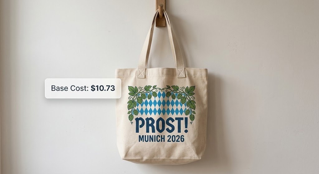 Heavy-duty canvas tote bag print-on-demand mockup for Oktoberfest with $10.73 base cost label.
