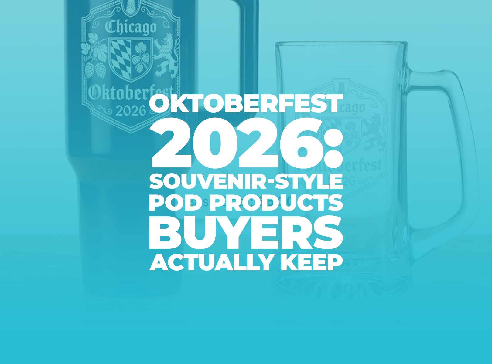 Premium Oktoberfest print-on-demand ceramic stein and tote bag mockups on a warm gradient background. 