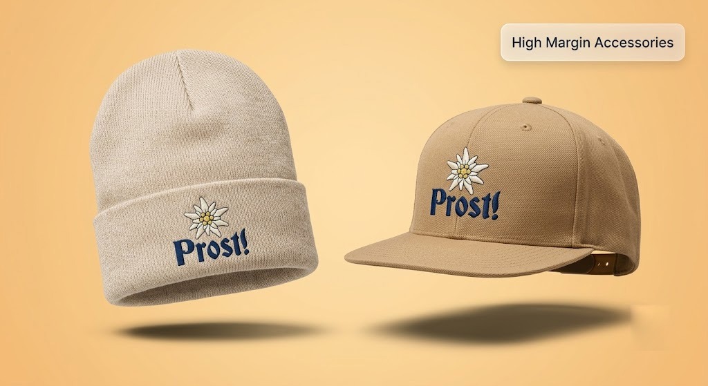 Custom embroidered Oktoberfest hats and beanies print-on-demand mockups. 