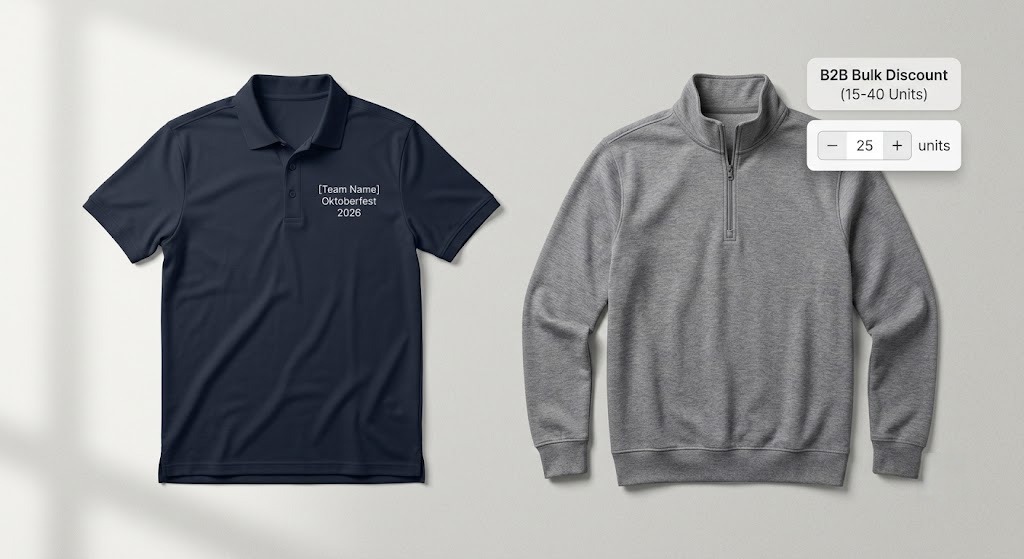 Mockup of corporate custom embroidered polo and quarter-zip sweater for B2B office Oktoberfest team events.