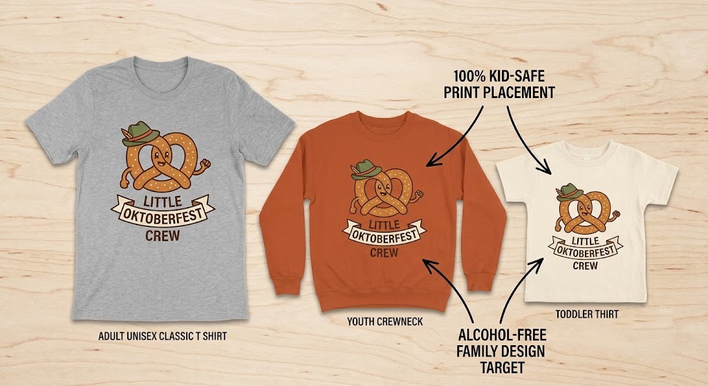 Side-by-side family matching apparel mockups featuring non-drinking child-friendly Oktoberfest graphics.