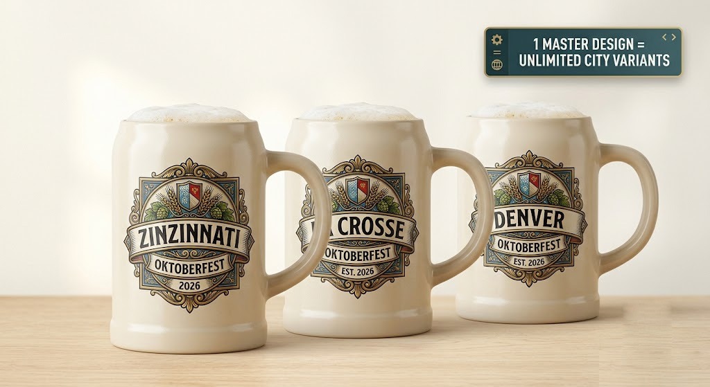 Personalized ceramic beer steins showing editable city name templates for regional US Oktoberfest markets.