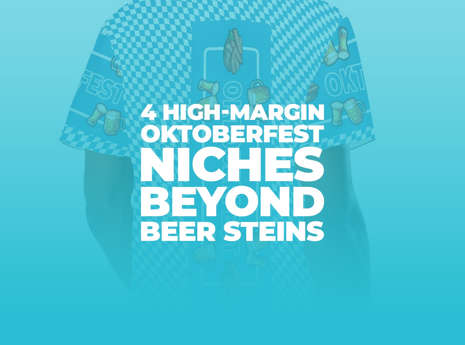 Flat lay mockups of non-traditional Oktoberfest POD products including corporate polo, pet bandana, kids tee, and custom city stein against a warm gradient background.
