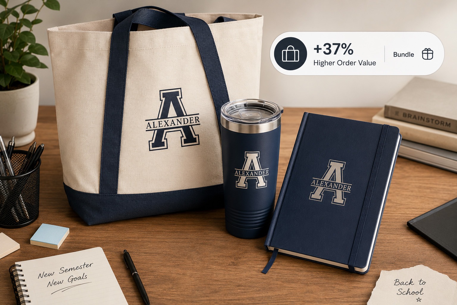 Personalized back-to-school bundle featuring a matching tote bag, tumbler, and journal with custom initials.