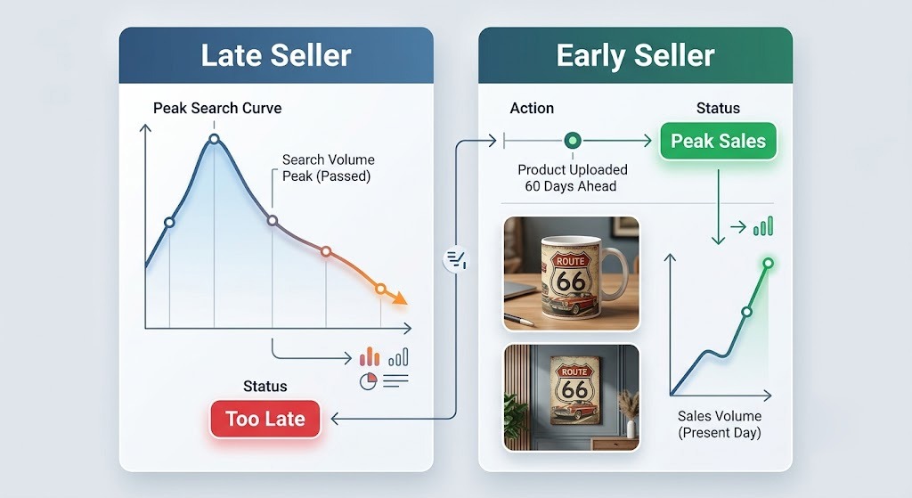 Infographic comparison showing 60-day early product launch vs late trend-chasing for print-on-demand sellers.
