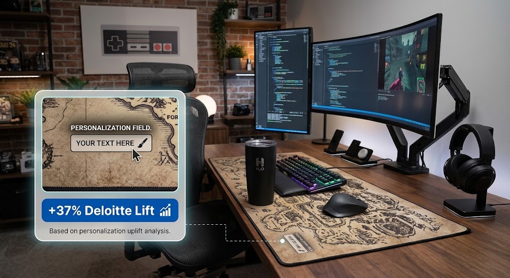 Evergreen gaming desk setup featuring a personalized large mouse pad and matching tumbler.