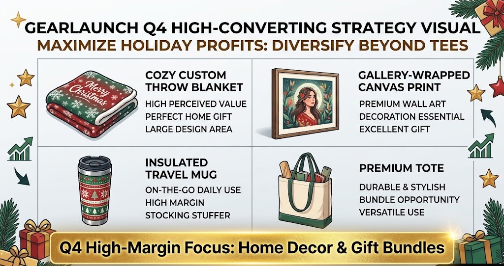 GearLaunch high-margin Q4 product grid including canvas wall art, custom blankets, and drinkware.
