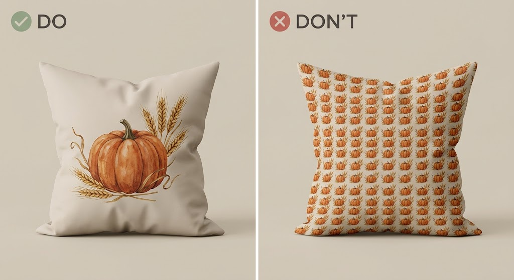 Side-by-side comparison showing correct centered pumpkin design versus incorrect busy pattern on a throw pillow mockup