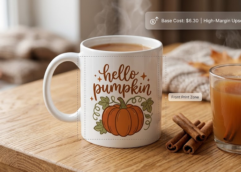 11oz ceramic mug mockup demonstrating correct print zone placement on the front third for cottagecore pumpkin designs