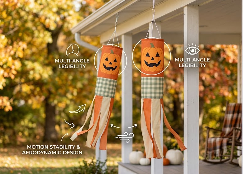 Set of two Halloween windsocks with vertical pumpkin motif hanging on a cottage porch