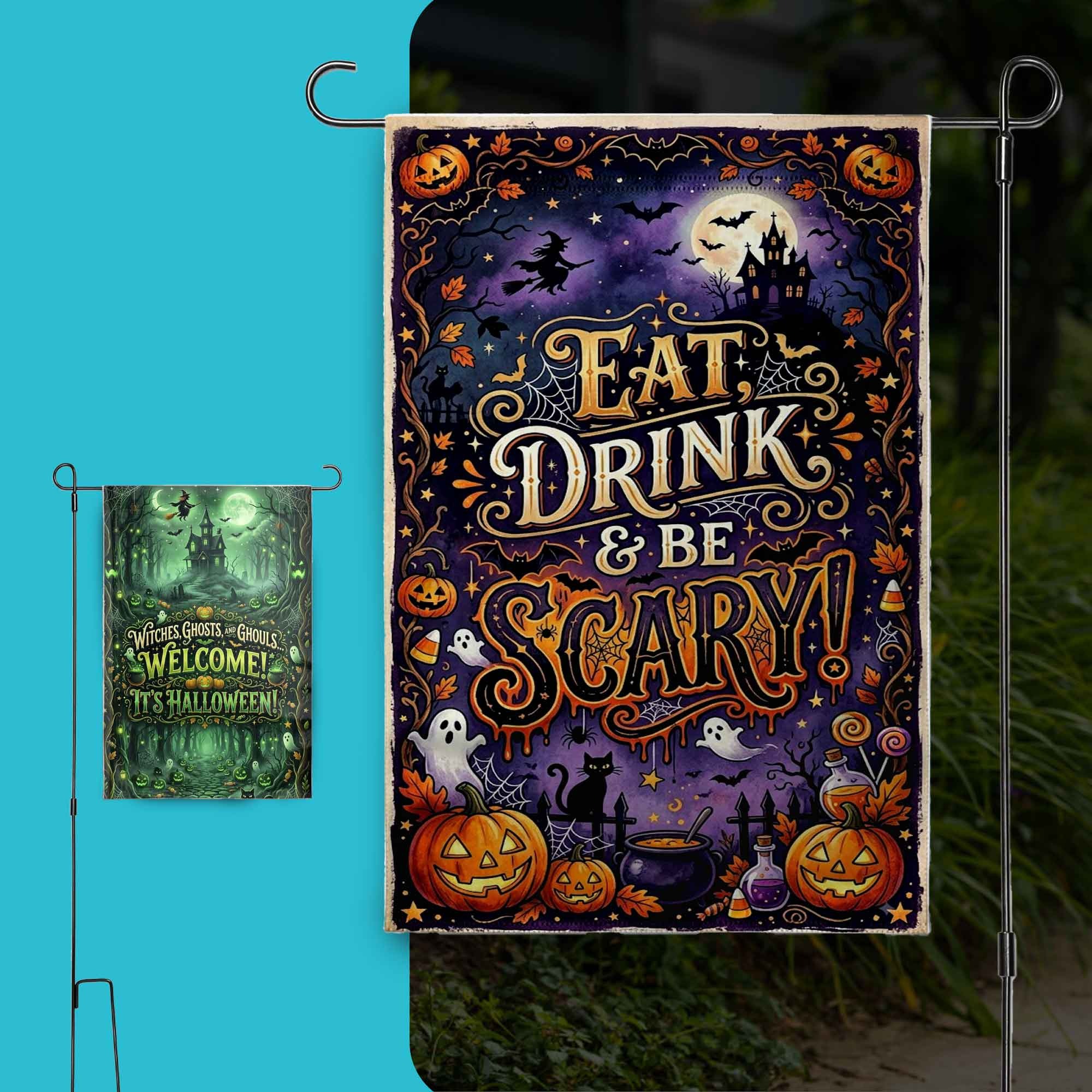 Pair of cottagecore porch flags flanking an entryway displaying vertical harvest pumpkin artwork and print margins