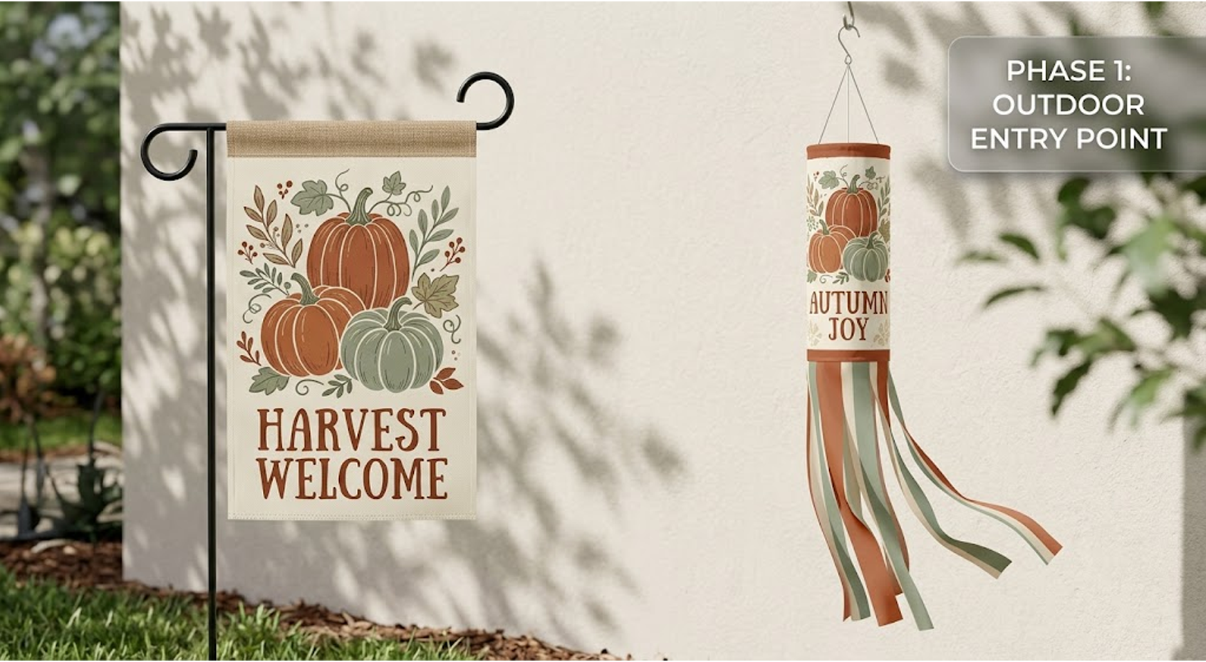 Outdoor print-on-demand mockup showcasing matching pumpkin porch flag and Halloween windsock