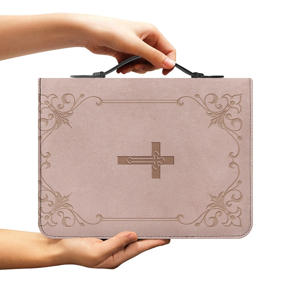 Premium black PU leather Bible bag with simulated rose gold foil typography for faith-based sellers
