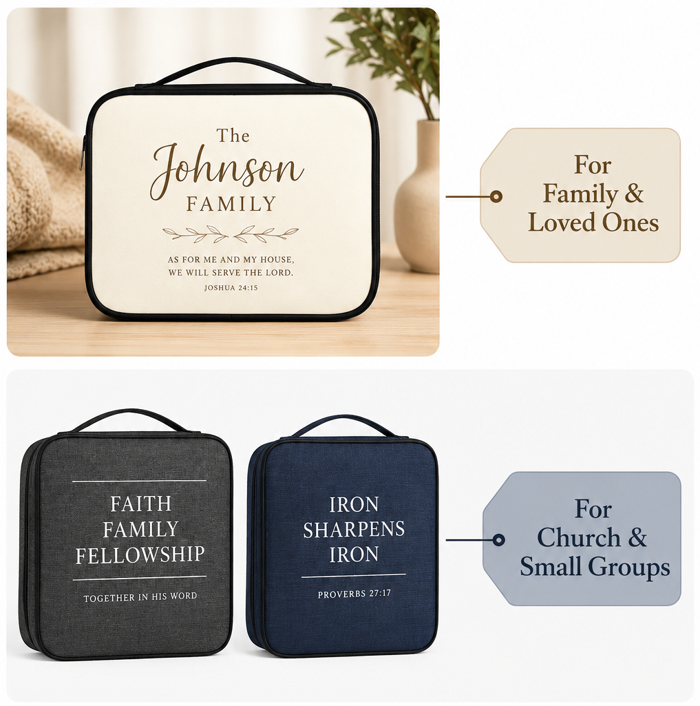 Audience positioning visual guide showing custom Bible bags tailored for family, church groups, and pastors.