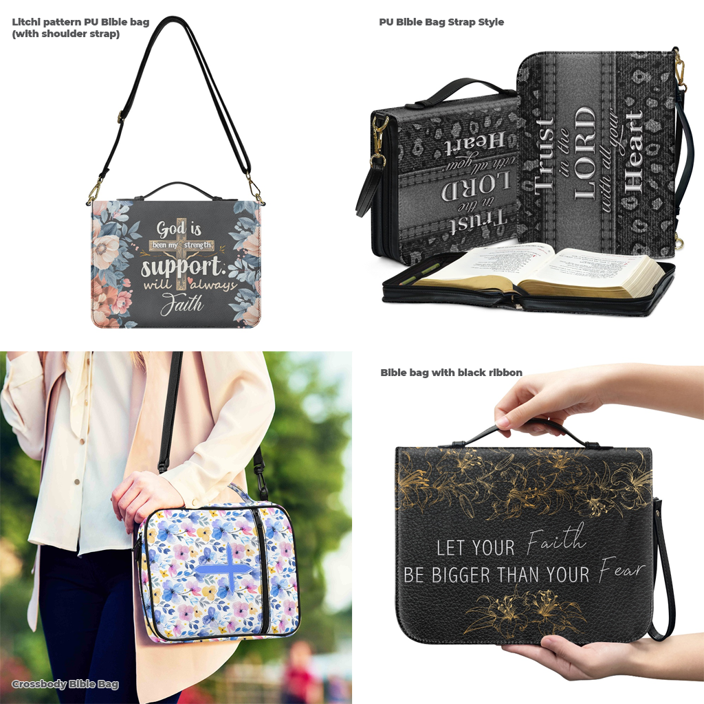 Feature breakdown mockup of top-selling POD Bible bags including Litchi PU, adjustable strap, and crossbody styles.