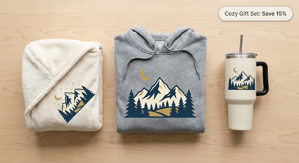 Print-on-demand cozy gift set bundle featuring a hoodie, blanket, and 40oz tumbler with matching print designs