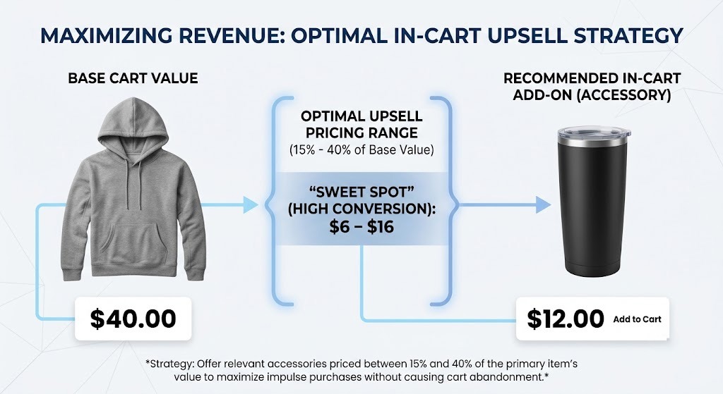 Visual guide showing the 15 to 40 percent upsell pricing sweet spot for print-on-demand checkout add-ons. 