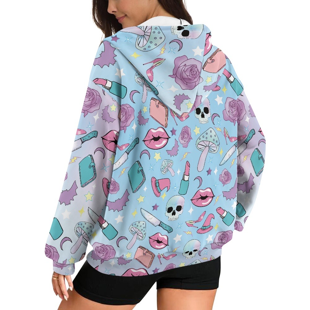 Women's hooded sweatshirt print-on-demand safe placement zones clear of hood and pocket.