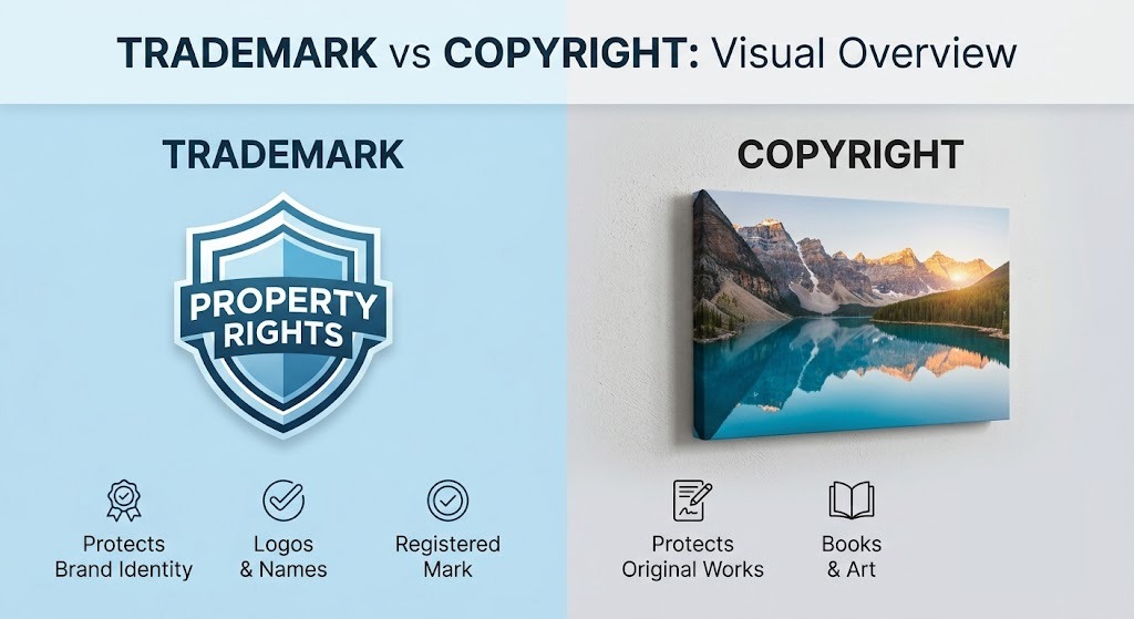 Infographic mockup comparing trademark and copyright risks for print-on-demand sellers, focusing on legal compliance concepts.  