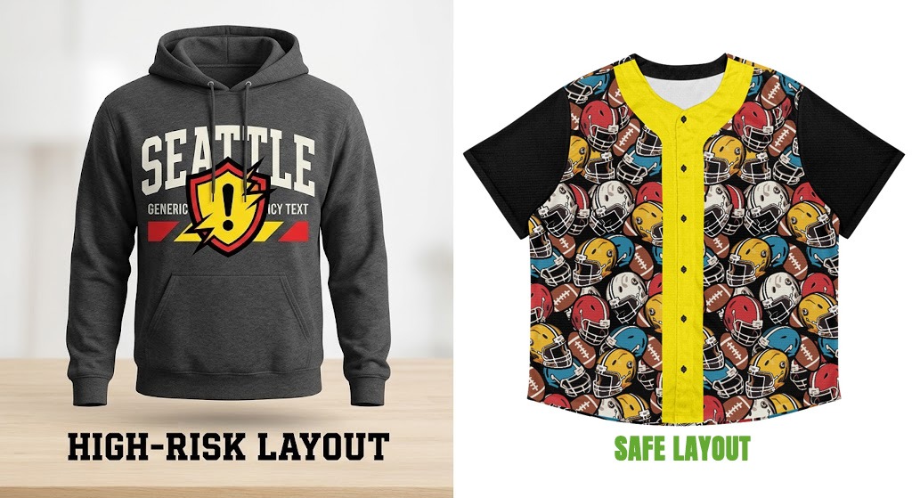 Comparison mockup showing the difference between high-risk trade dress designs and safe, compliant apparel design styles for POD.  