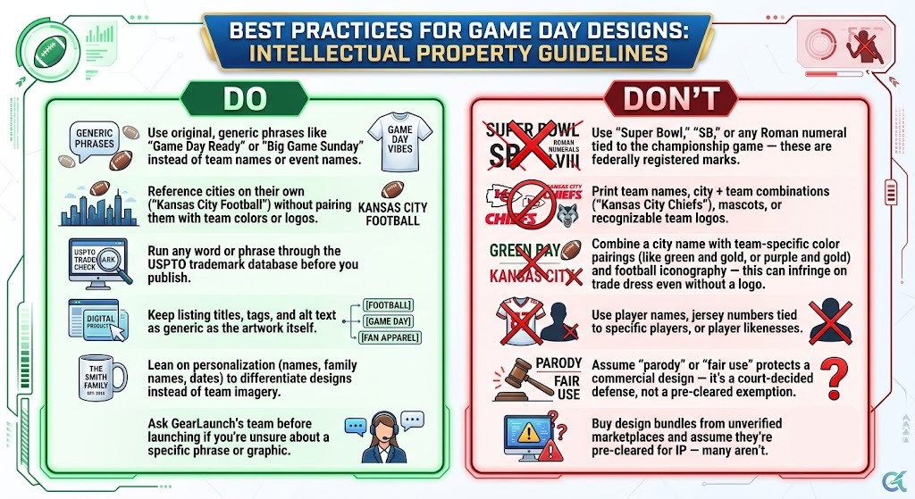 Visual mockup of a designer's desk with a compliance checklist for NFL trademark rules, emphasizing research before publishing.  