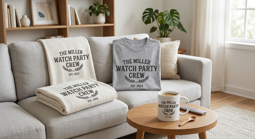 Collection mockup of personalized, compliant football-themed apparel and home goods, showcasing effective POD product bundling strategies.  