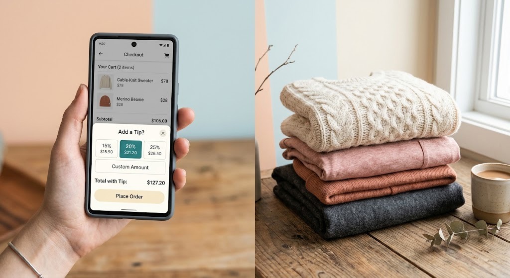 Mobile-optimized ecommerce checkout displaying a tipping feature alongside cozy print-on-demand apparel.