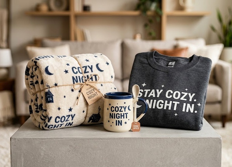 Curated print-on-demand holiday gift bundle featuring a blanket, mug, and sweatshirt.