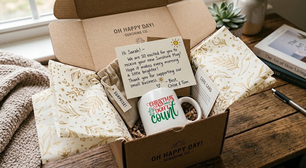Premium unboxing experience showing customer appreciation touches and personalized packaging.