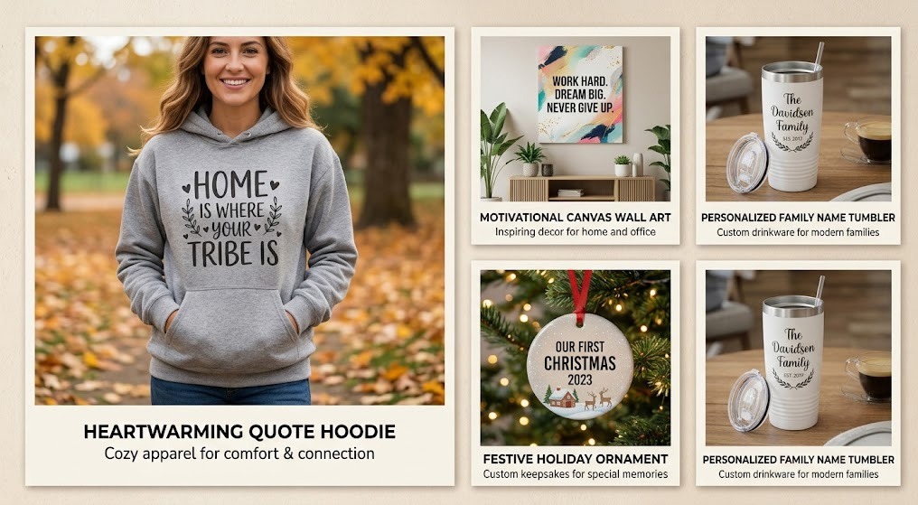 Multi-product grid display highlighting top-selling print-on-demand items for the holiday season.