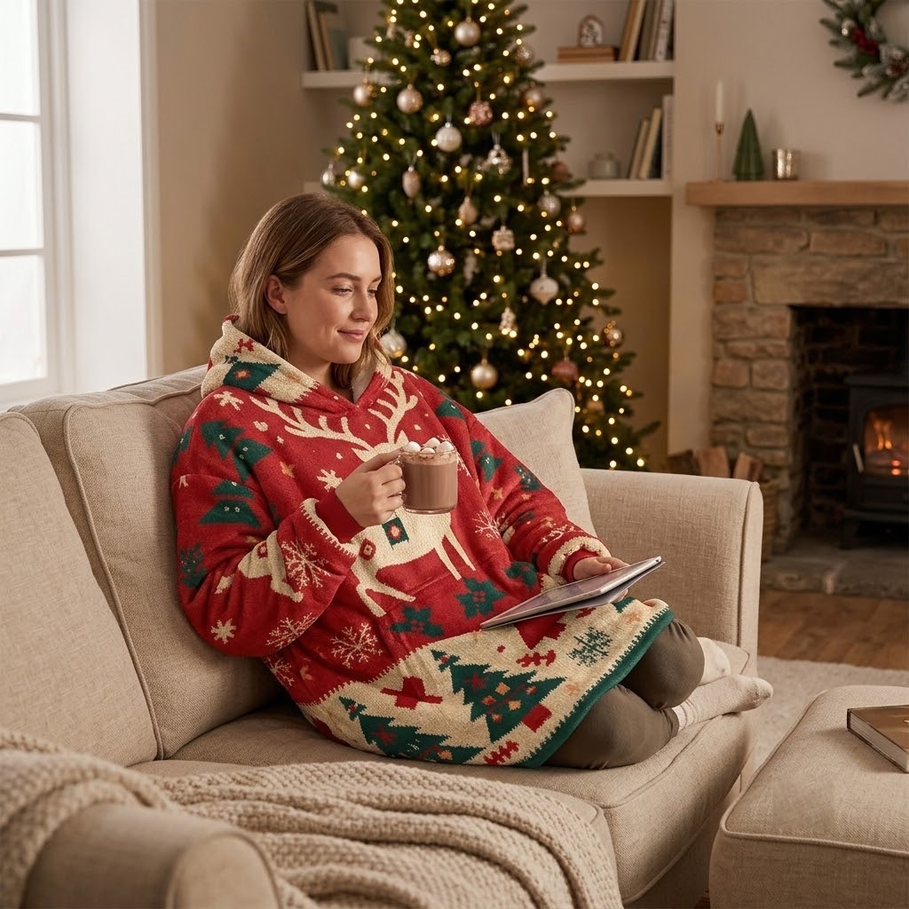 Adult wearing an oversized AOP blanket sweatshirt with extra large front pockets in a cozy living room setting.