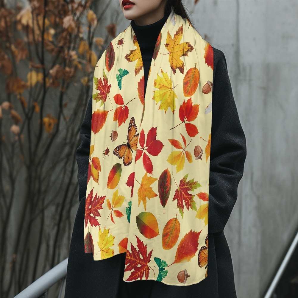 Custom all-over print fluffy scarf folded gracefully on a clean neutral background.