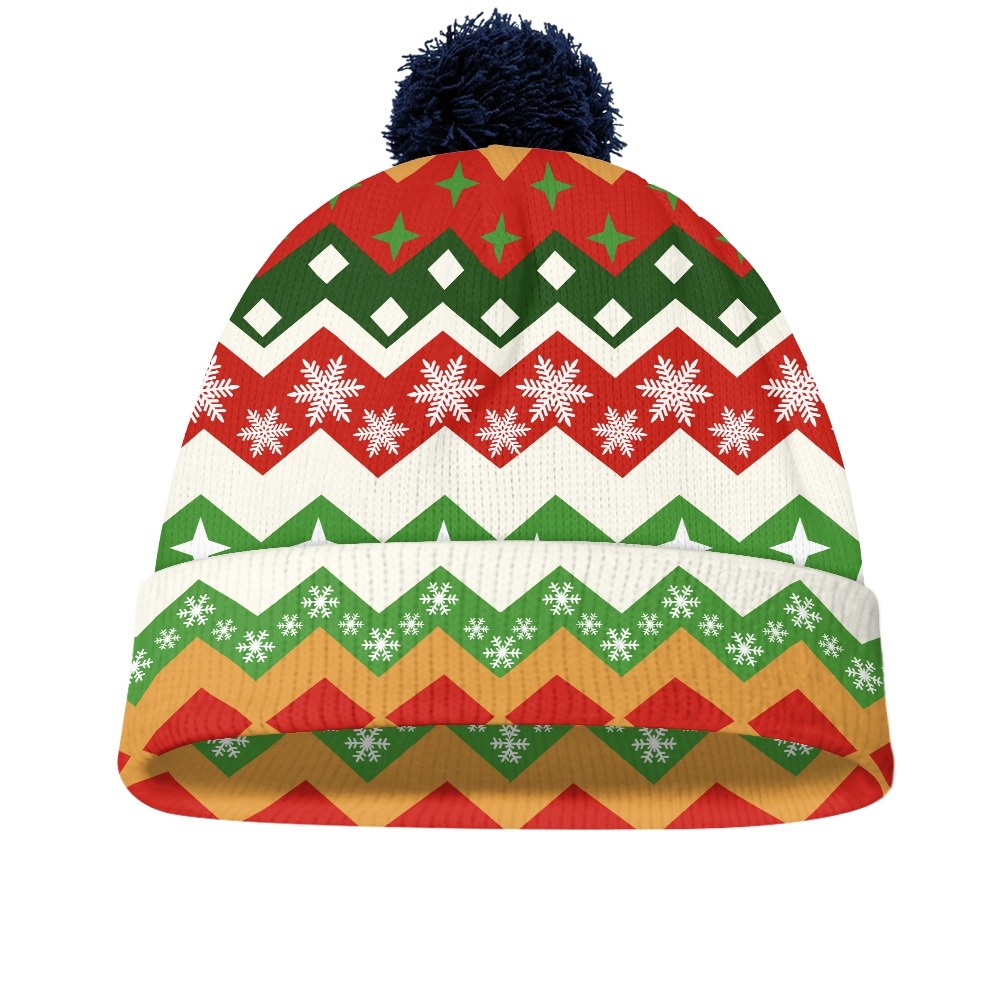 Adult woolen hat with pom-pom ball and custom centered graphic print on a winter backdrop.