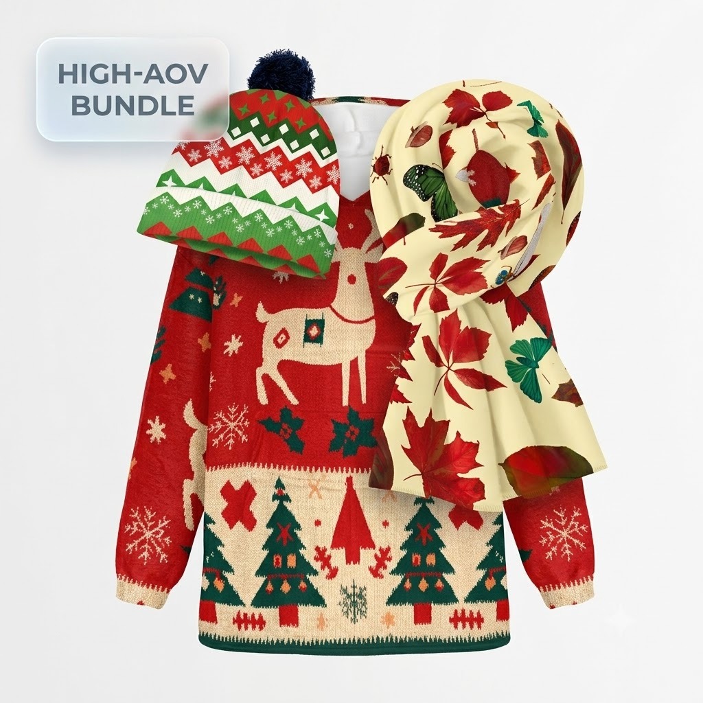 3-piece cozy winter bundle featuring matching blanket sweatshirt, beanie, and fluffy scarf.