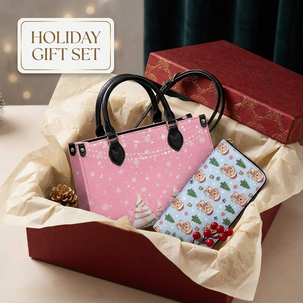 Lightweight ladies PU handbag and matching zip wallet displayed together in a holiday gift box setting.