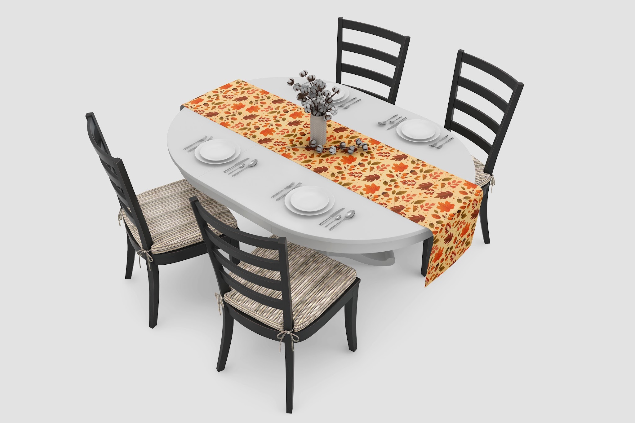 Custom cotton twill Thanksgiving table runner mockup on a wooden table.