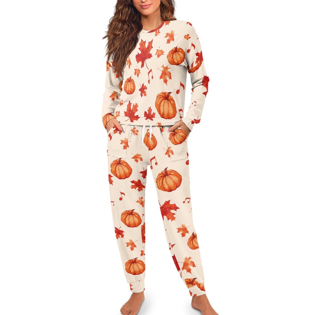 Women's all-over print autumn pajama set flat lay mockup.