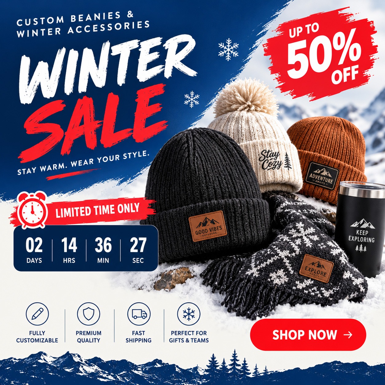 Black Friday urgent deal-driven marketing and beanies mockup