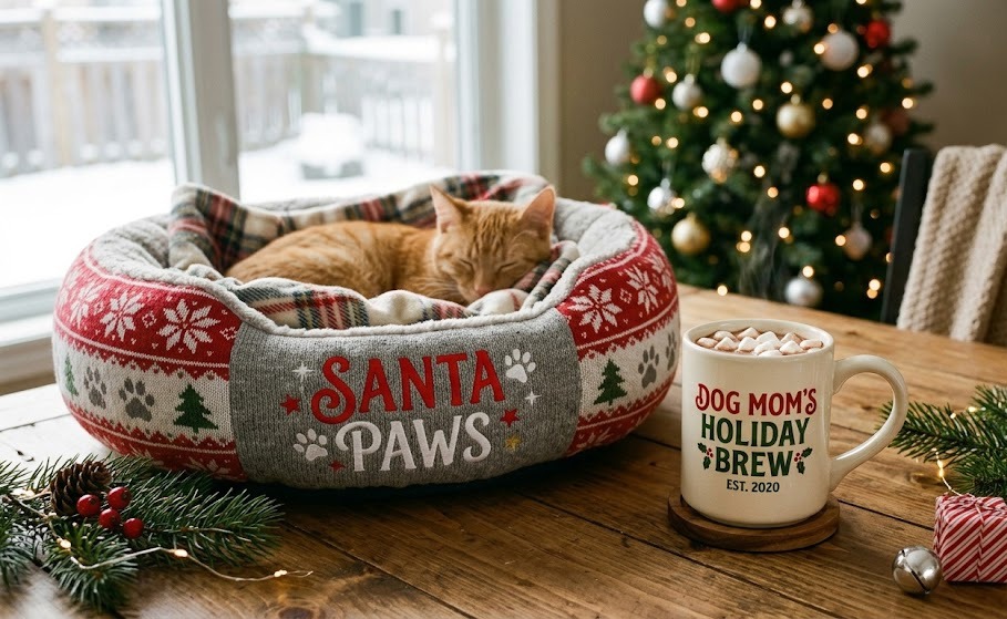 Custom pet bed and dog mom ceramic mug styled with holiday decor.