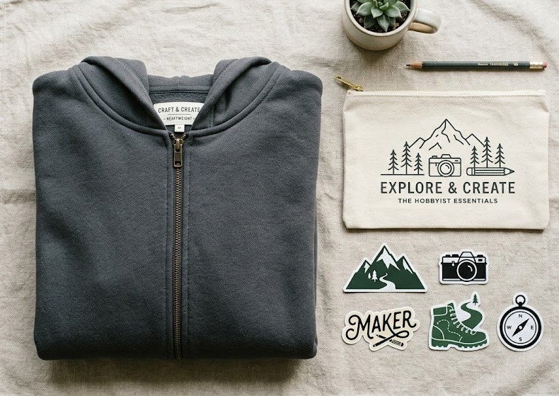 Heavyweight zip hoodie, accessory pouch, and custom stickers laid out neatly.